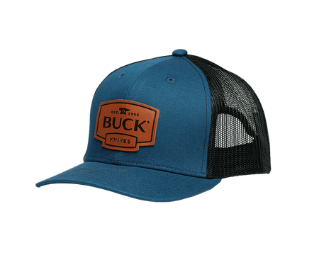 Buck Leather Patch Logo Trucker Hat - Blue